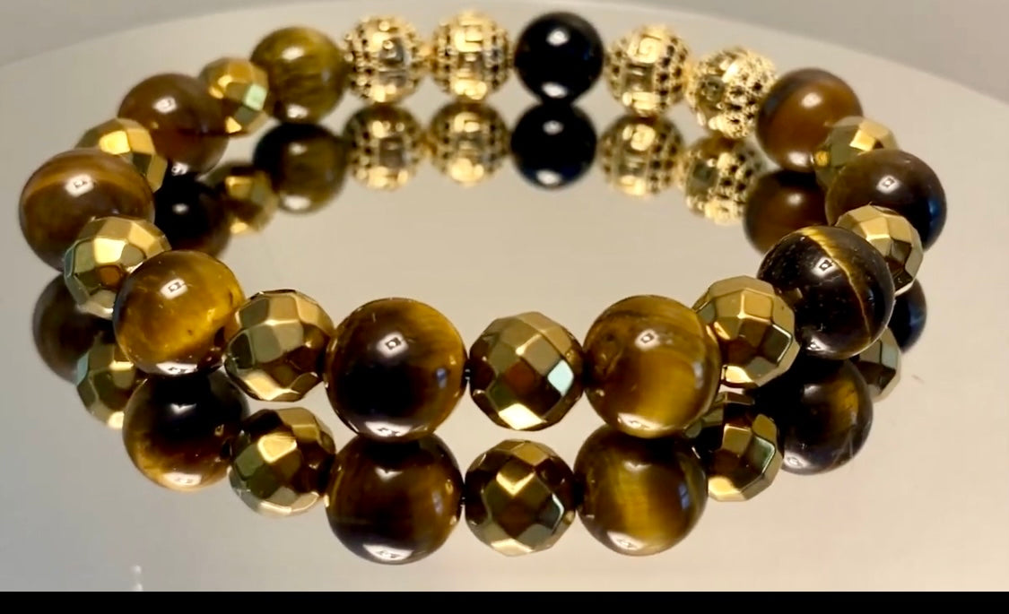 Luxurious Elegance: Givenchy Gold Tiger Eye and Hematite Bracelet