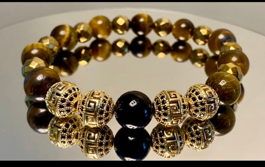Luxurious Elegance: Givenchy Gold Tiger Eye and Hematite Bracelet