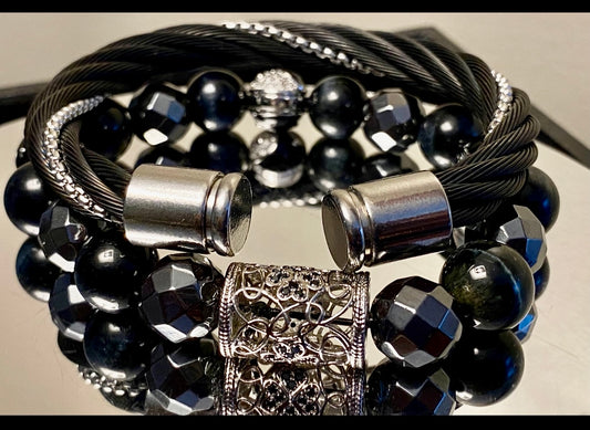 Bold and Elegance: Swerve Brand Faceted Hematite 12mm Gemstone Bracelet