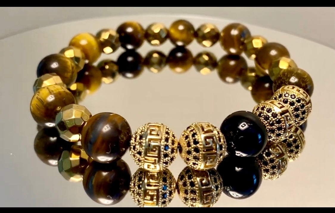 Luxurious Elegance: Givenchy Gold Tiger Eye and Hematite Bracelet