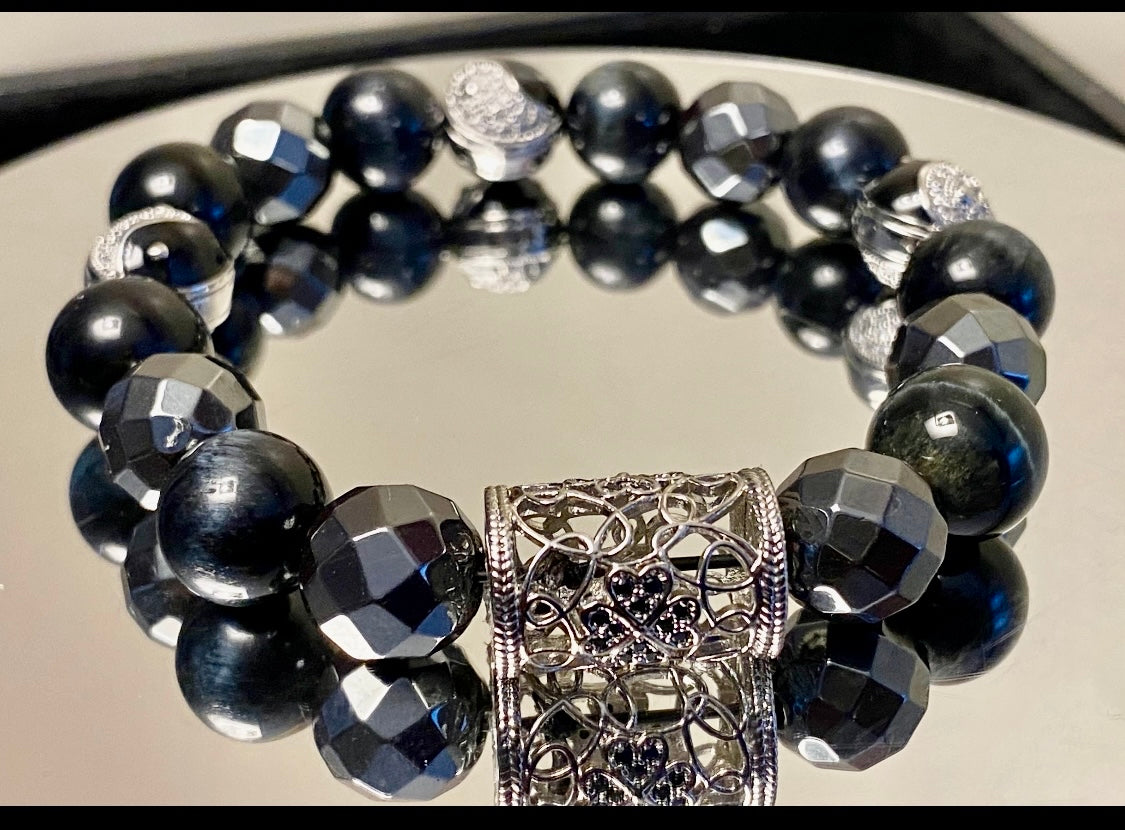 Bold and Elegance: Swerve Brand Faceted Hematite 12mm Gemstone Bracelet
