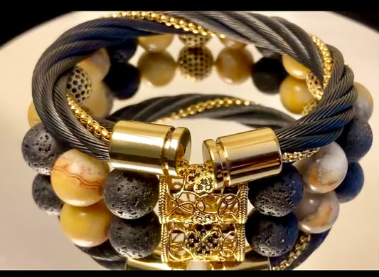 "Energize with Elegance: Crazy Lace and Lava Rock Gemstone Bracelet"