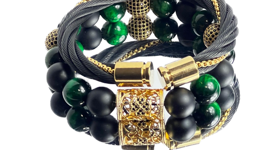 Bold and Beautiful: Swerve Brand Tiger Eye & Onyx 12mm Bead Bracelet"